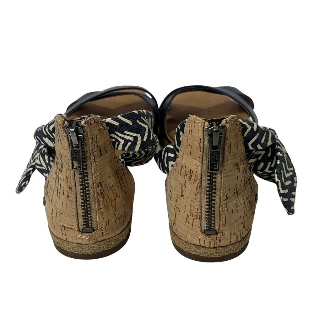 UGG Idina‎ Navy Blue Espadrille Sandal Striped Ankle Tie Zip Cork Heel Size 8.5